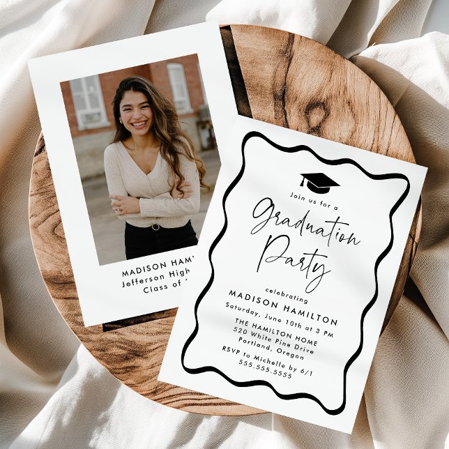Modern Black Wavy Frame Photo Graduation Party Invitation (Creator Uploaded)