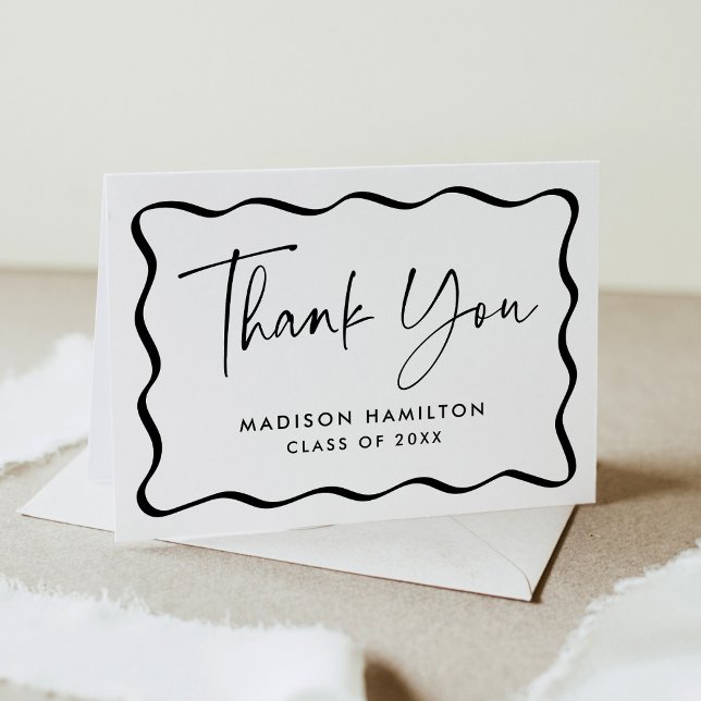 Modern Black Wavy Frame Photo Graduation Thank You Card (Creator Uploaded)