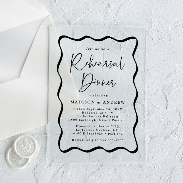 Modern Black Wavy Frame Rehearsal Dinner Acrylic Invitations (Creator Uploaded)