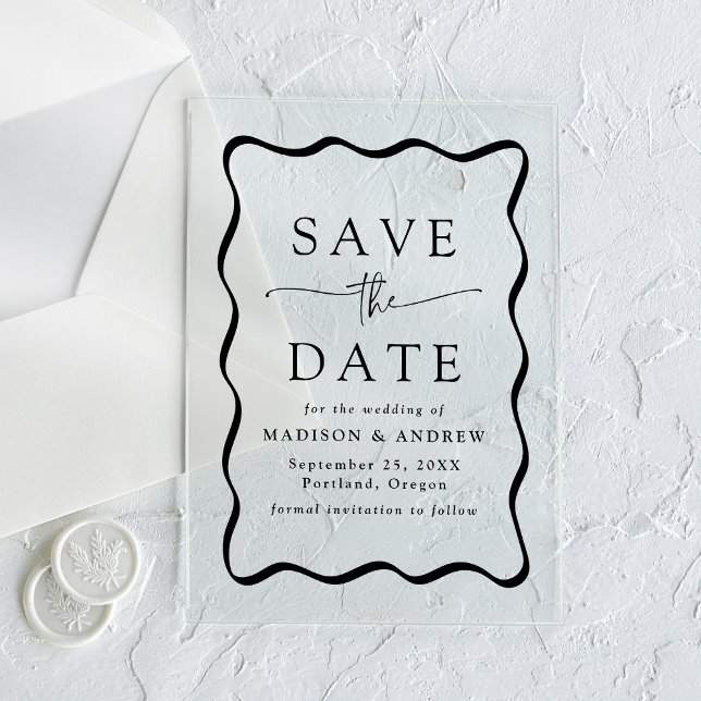 Modern Black Wavy Frame Wedding Save the Date Acrylic Invitations (Creator Uploaded)