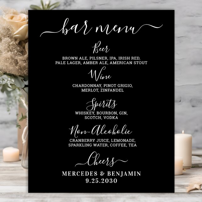 Modern Black Wedding Bar Personalised Drink Menu Poster (Creator Uploaded)