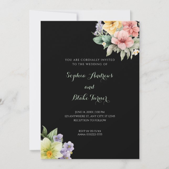 Modern Black Wedding Invitation & Pastel Flowers (Front)