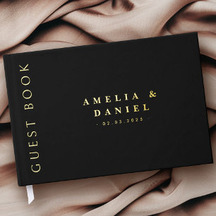 Modern black wedding names and date real guest book