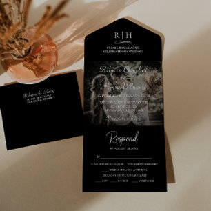 Modern Black Wedding Photo   Monogram RSVP All In One Invitation