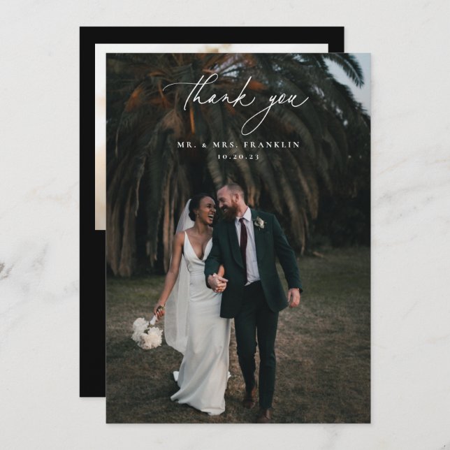 Modern Black Wedding Photo Thank You Card (Front/Back)