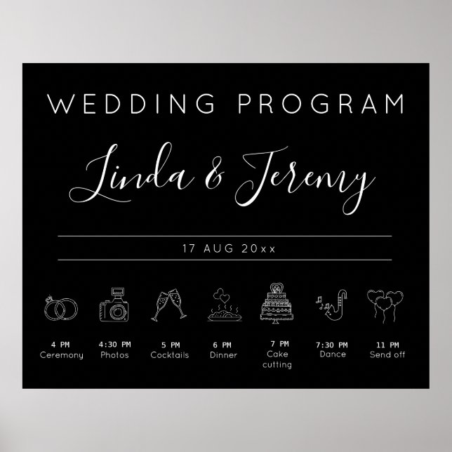 Modern Black Wedding Program Timeline Poster (Front)