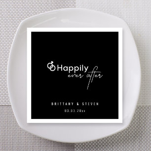 Modern Black Wedding Ring Happily Ever After Napkin