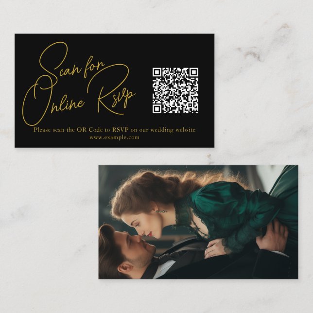 Modern Black Wedding RSVP Card – QR Code & Photo (Front/Back)