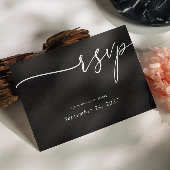 Modern Black Wedding RSVP Card with White Script   (Modern Black Wedding RSVP Card with White Script Customizable)