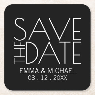 Modern Black Wedding Save the Date Square Paper Coaster