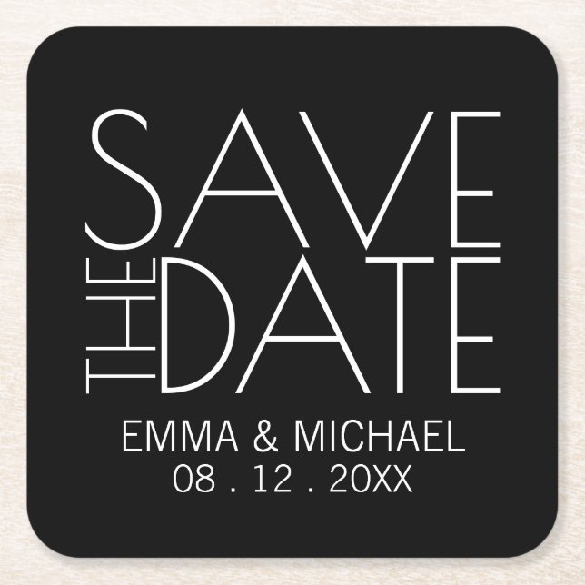 Modern Black Wedding Save the Date Square Paper Coaster (Front)