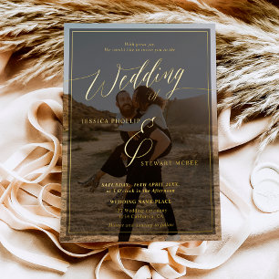 Modern black wedding script photo gold