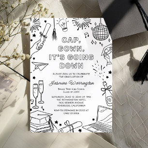 Modern Black Whimsical Doodle Graduation Invitation
