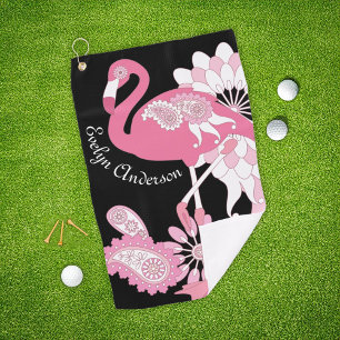 Modern Black Whimsical Tropical Bird Pink Flamingo Golf Towel