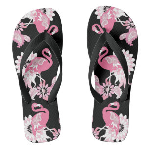 Modern Black Whimsical Tropical Bird Pink Flamingo Thongs