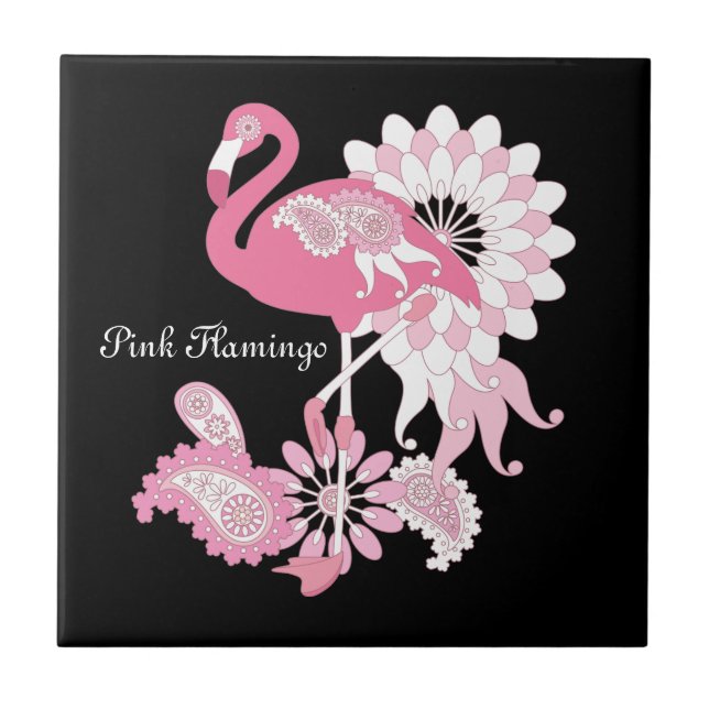 Modern Black Whimsical Tropical Bird Pink Flamingo Tile (Front)