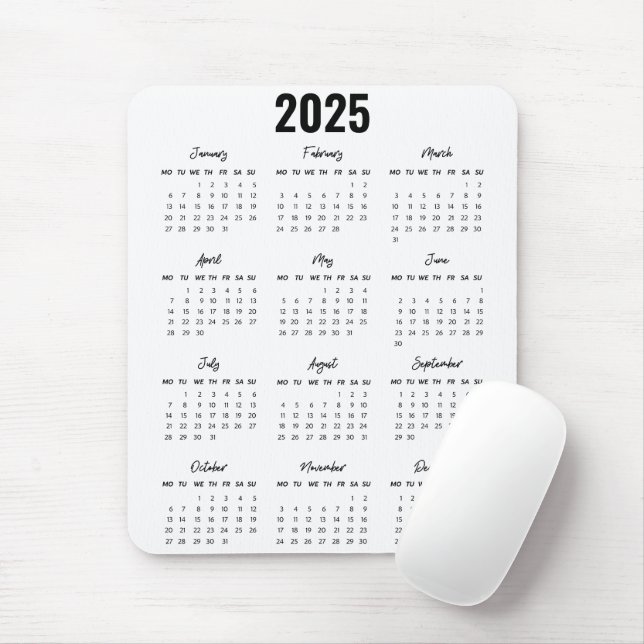 Modern Black White 2025 Calendar Full Year View Mouse Pad (With Mouse)