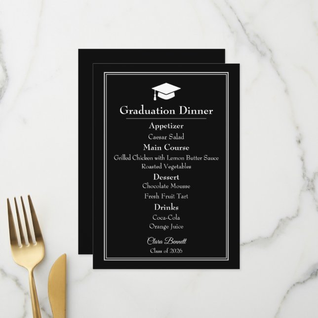 Modern Black & White 2026 Graduation Menu (Front/Back In Situ)