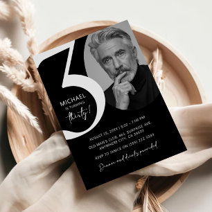 Modern Black & White 30th Photo Birthday Party Invitation