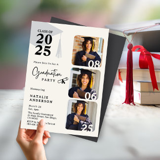 Modern Black & White 3 Photos Graduation Party Invitation