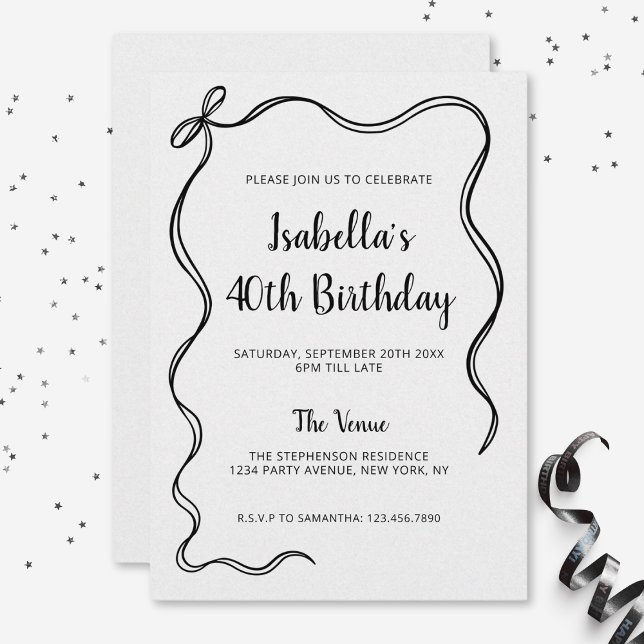 Modern Black White 40th Birthday Hand Drawn Bow Invitation (Creator Uploaded)