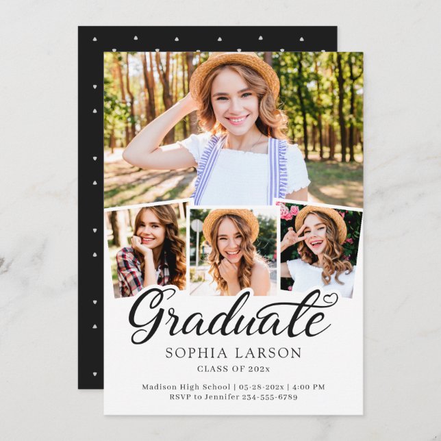 Modern Black White 4 Photo Collage Graduation Announcement (Front/Back)