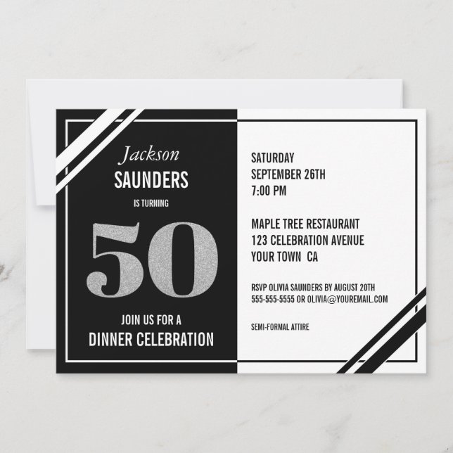 Modern Black White 50th Birthday Dinner Party Invitation (Front)