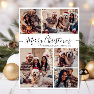 Modern Black White 5 Photo Collage Christmas Postcard