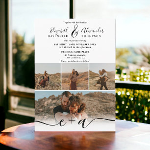 Modern black white 5 Photos script wedding Invitation
