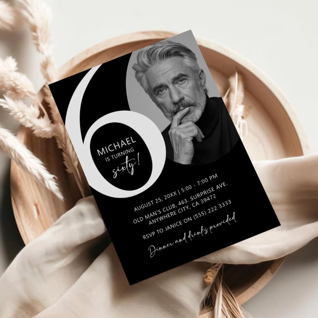 Modern Black & White 60th Photo Birthday Party Invitation (Creator Uploaded)