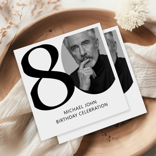 Modern Black & White 80th Photo Birthday Napkin (Creator Uploaded)