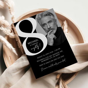 Modern Black & White 80th Photo Birthday Party Invitation