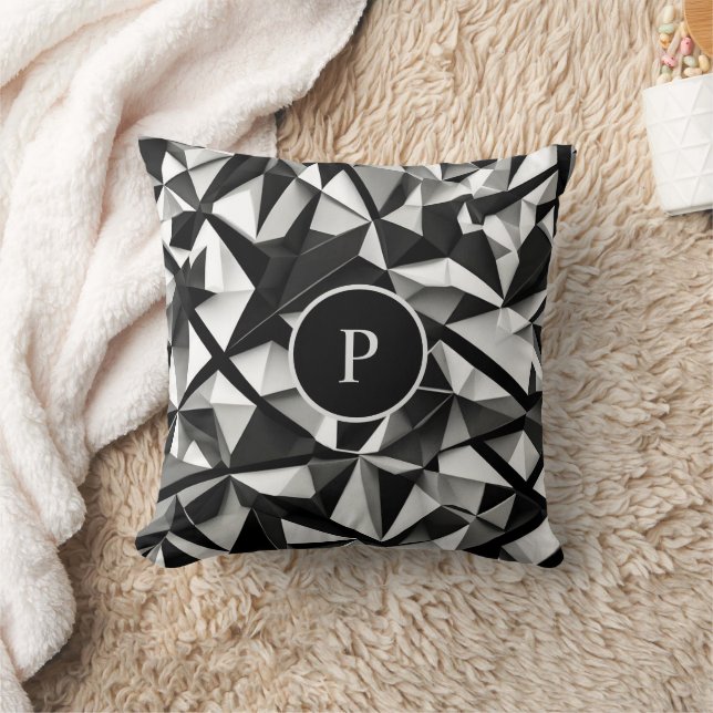 Modern Black & White Abstract Pattern Monogram Cushion (Blanket)