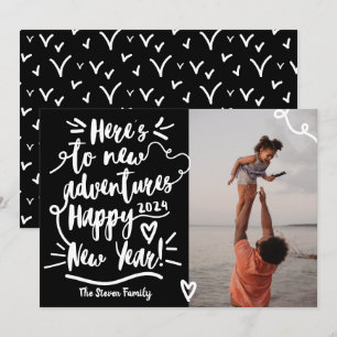 Modern black white adventure New Year photo Holiday Card