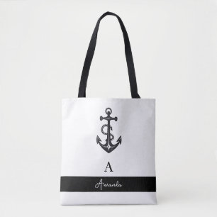 Modern Black & White Anchor Silhouette Monogramed Tote Bag