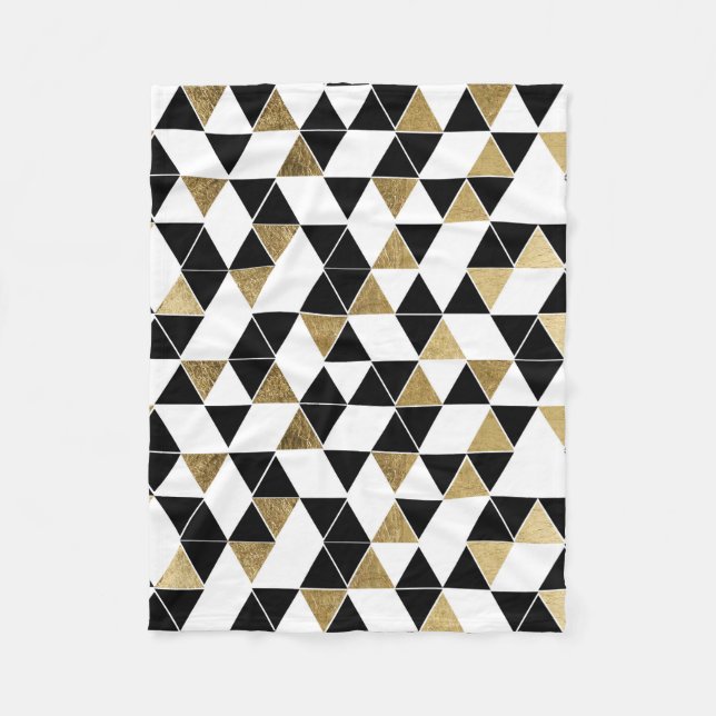 Modern Black, White, and Faux Gold Triangles Fleece Blanket (Front)