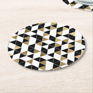Modern Black, White, and Faux Gold Triangles Round Paper Coaster