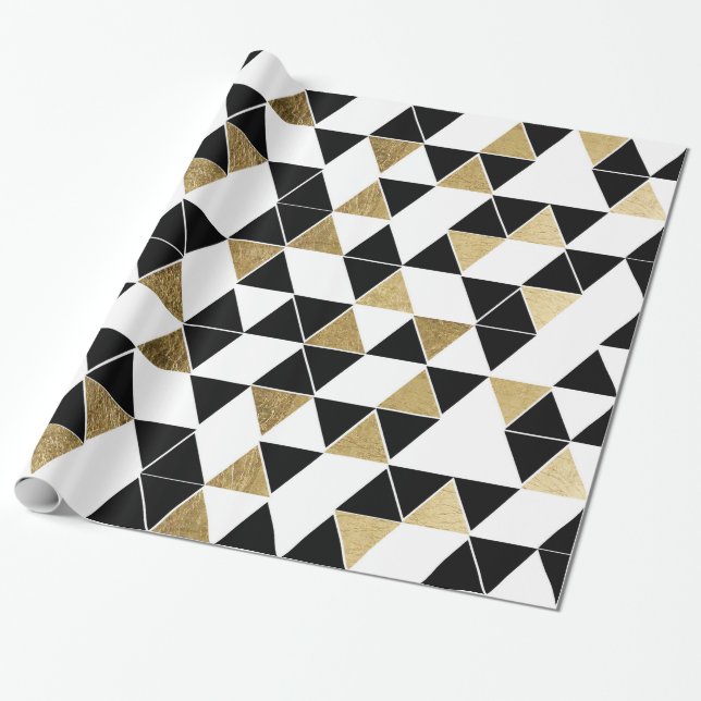 Modern Black, White, and Faux Gold Triangles Wrapping Paper (Unrolled)