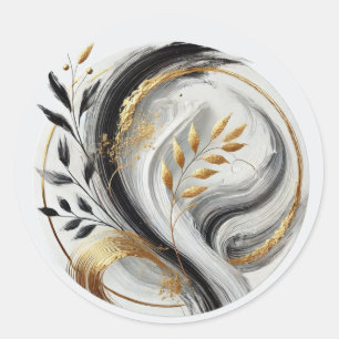 Modern Black White and Gold Botanical Wedding Classic Round Sticker