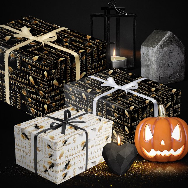 Modern Black White And Gold Chic Adult Halloween Wrapping Paper Sheet (Halloween wrapping paper, spooky Halloween wrapping paper black and gold)