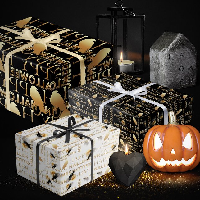 Modern Black White And Gold Chic Adult Halloween Wrapping Paper Sheet (Halloween wrapping paper, spooky wrapping paper black and gold)