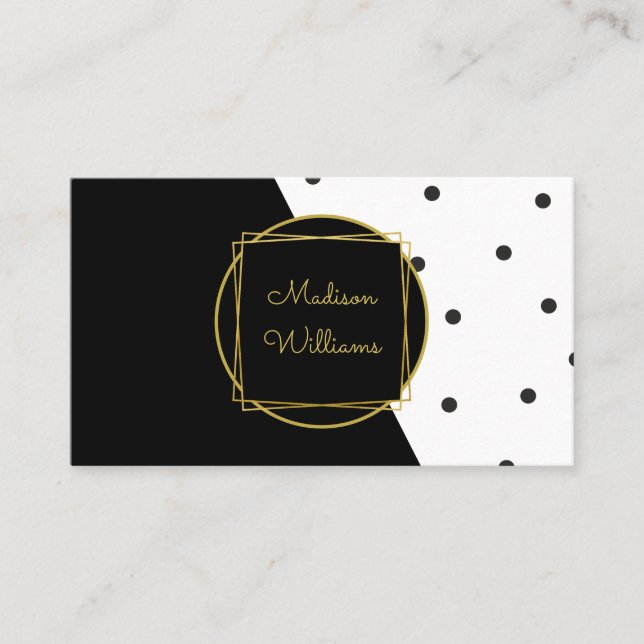 Modern Black White and Gold Colour Block Polka Dot Business Card (Front)