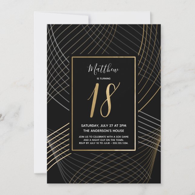 Modern Black,  White and Gold Eighteenth Birthday Invitation (Front)
