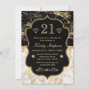 Modern Black, White and Gold Marble Birthday Invitation