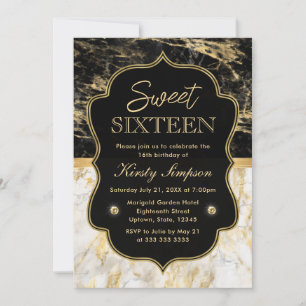 Modern Black, White and Gold Marble Sweet 16 Invitation