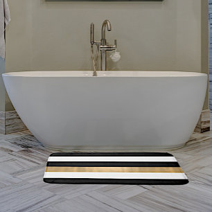 Modern Black White and Gold Striped Bath Mat