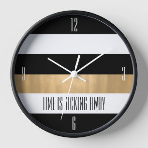 Modern Black White and Gold Striped Clock