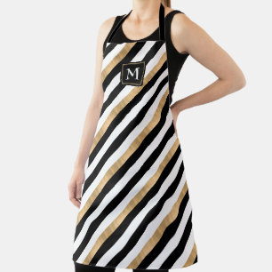 Modern Black White and Gold Striped Monogrammed Apron