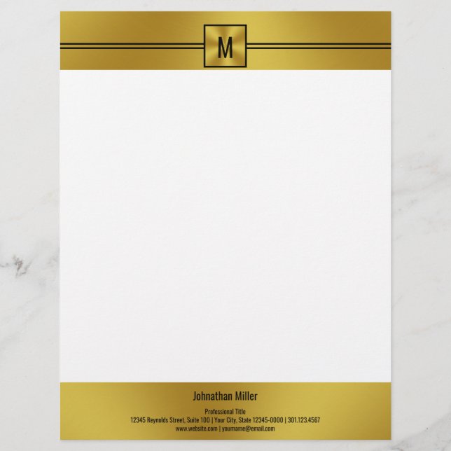 Modern Black White and Gold with Monogram Custom Letterhead (Front)