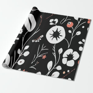 Modern Black White and Orange Abstract Floral Wrapping Paper